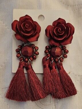 H&M Red Rose Tassel Drop Earrings with Faceted Gems